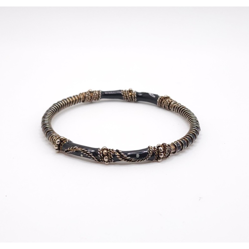 Black Enamel Bangle Bracelet Gold Tone Textured Wire Wrap Vintage Jewelry